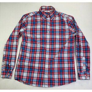 Uniqlo Size Large Mens Red White Blue Check Button Down Long Sleeve Cotton Shirt